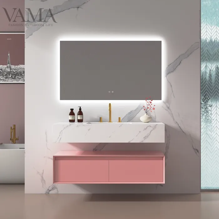 Vama 1200mm moderno madeira maciça rosa laca única bacia gabinete pedra sinterizada bancada banheiro vaidade v308120